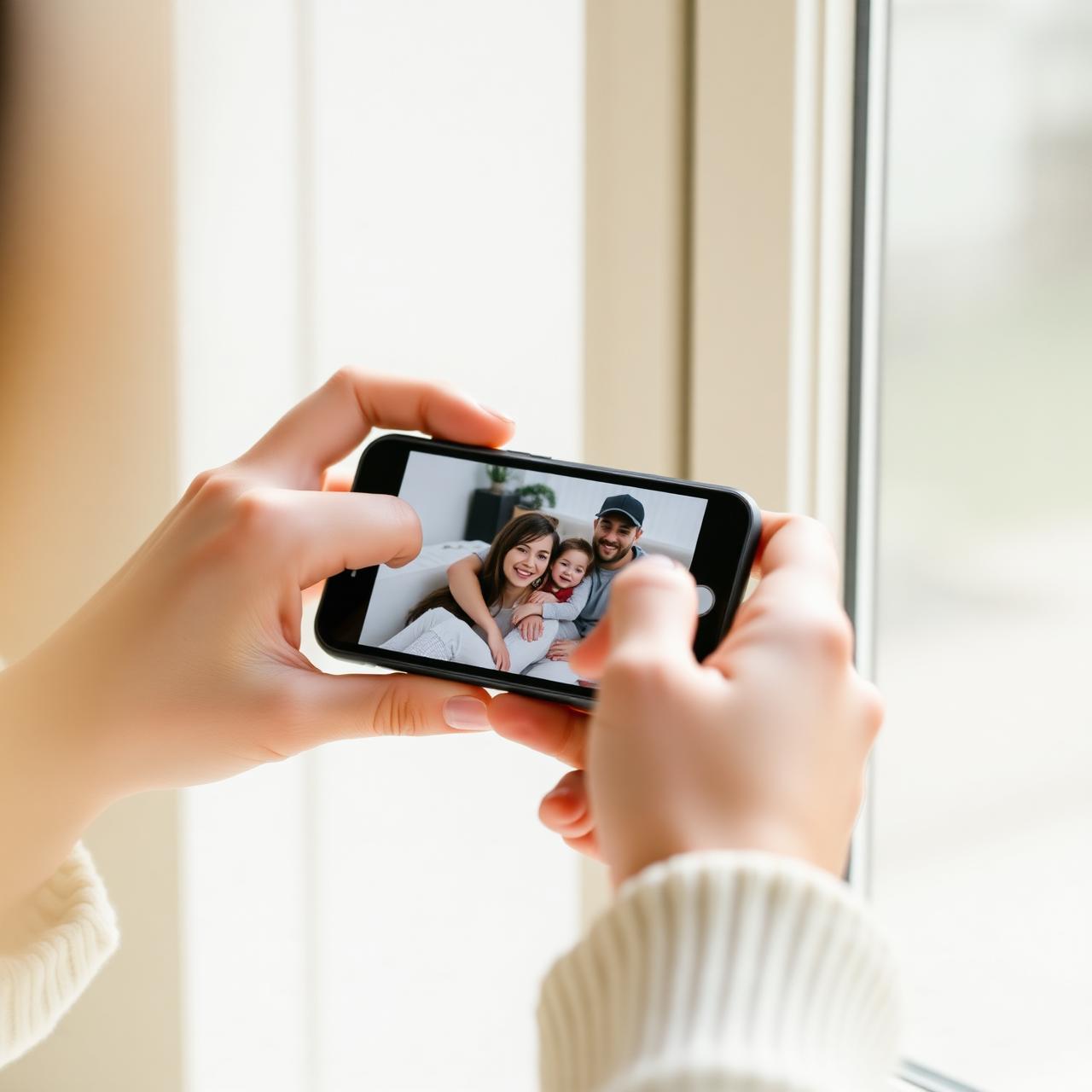 A hand holding a phone with a family photo